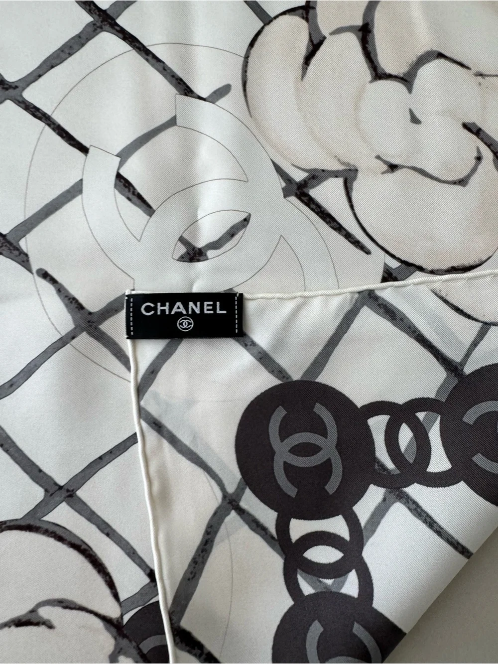 CHANEL WHITE CAMELLIA SILK SCARF